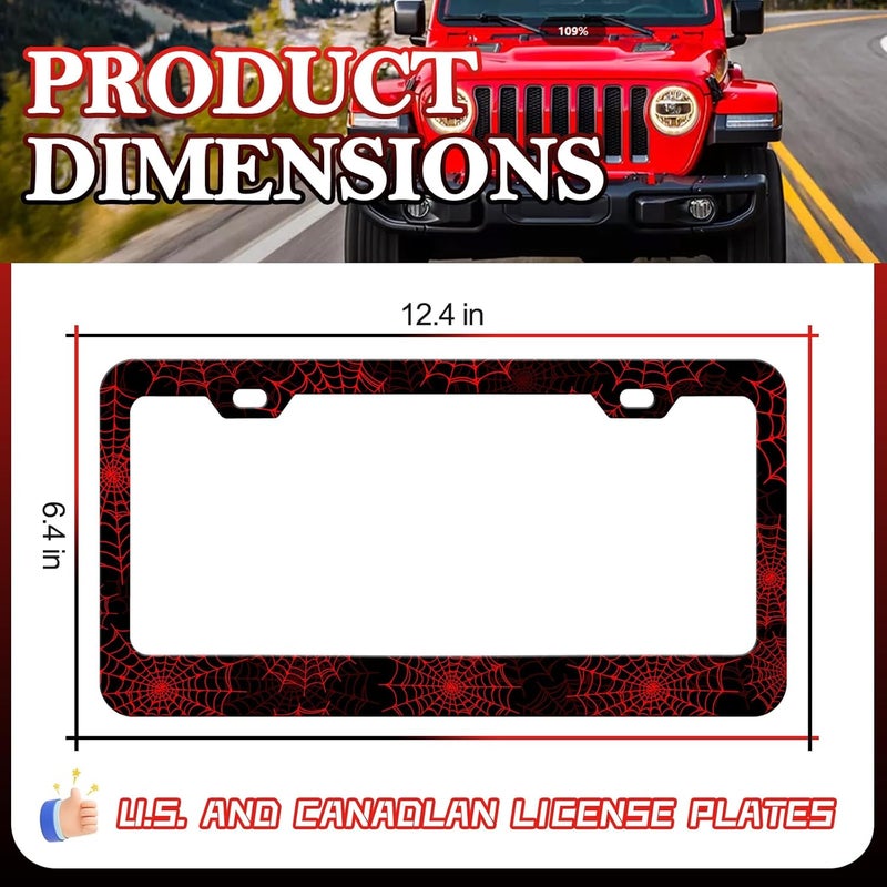 LIN KANG 2Pcs Red Spider Web License Plate Frames Novelty Personalized Gothic Stainless Steel License Plate Holder Rust-Proof Waterproof Car Decorative Tag Frames for Standard US 12x6 Inch - Image 2